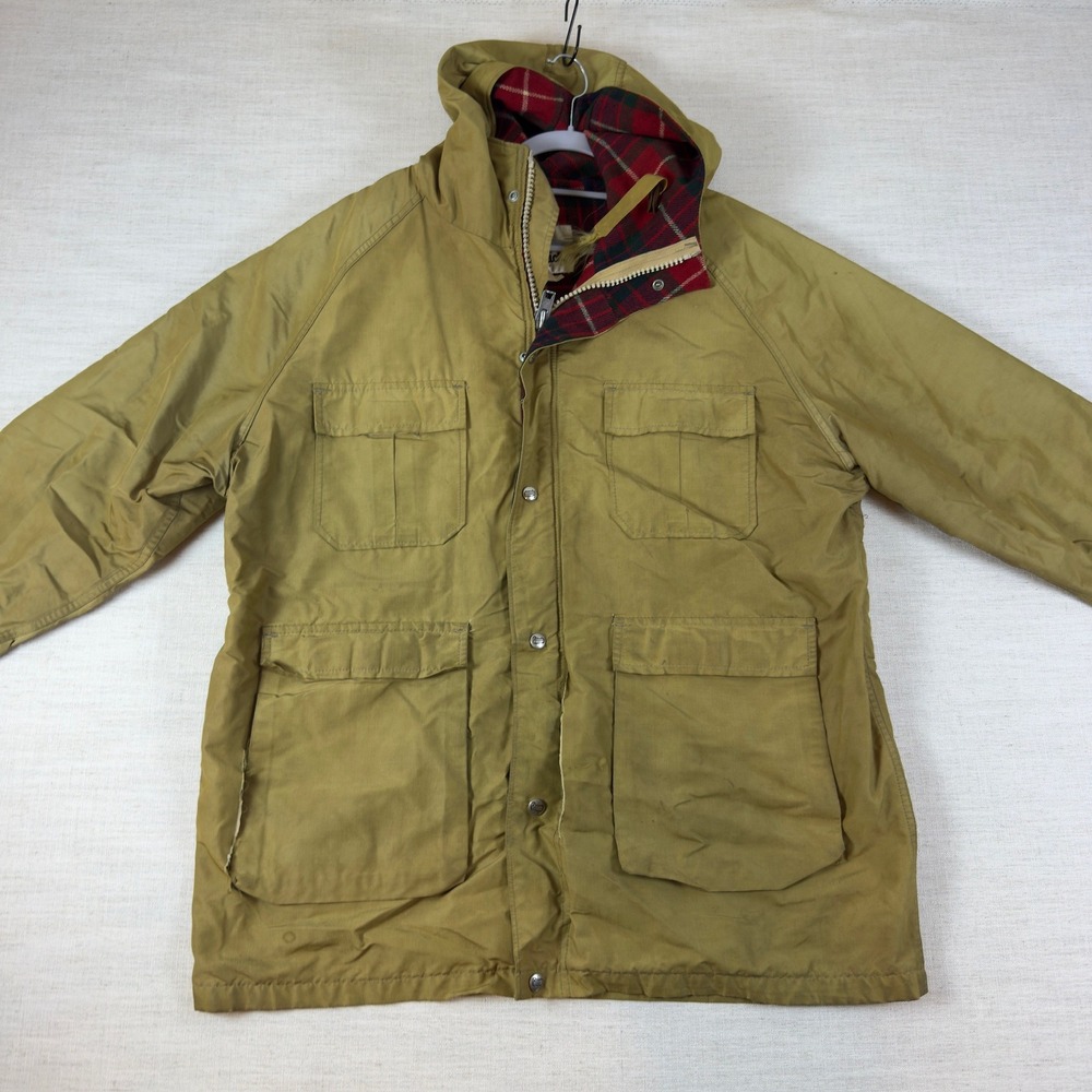 Vintage LL Bean Field Jacket Mustard Tan Plaid Flannel Lined Barn Coat AS IS